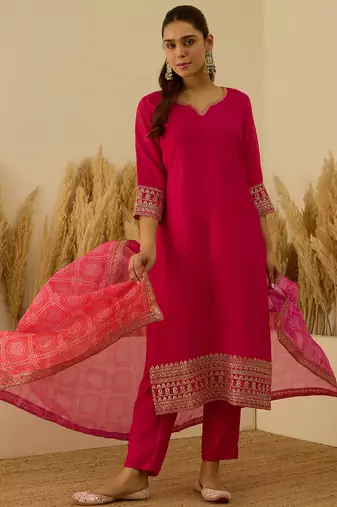 Floral embroidered silk blend round neck kurta trouser & dupatta set