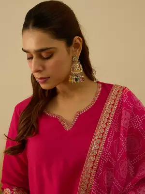 Floral embroidered silk blend round neck kurta trouser & dupatta set 4