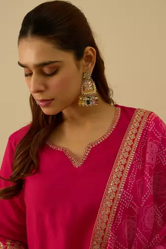 Floral embroidered silk blend round neck kurta trouser & dupatta set