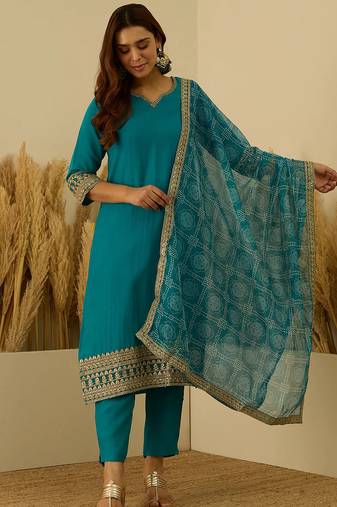 Floral embroidered silk blend round neck kurta trouser & dupatta set