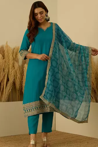 Floral embroidered silk blend round neck kurta trouser & dupatta set