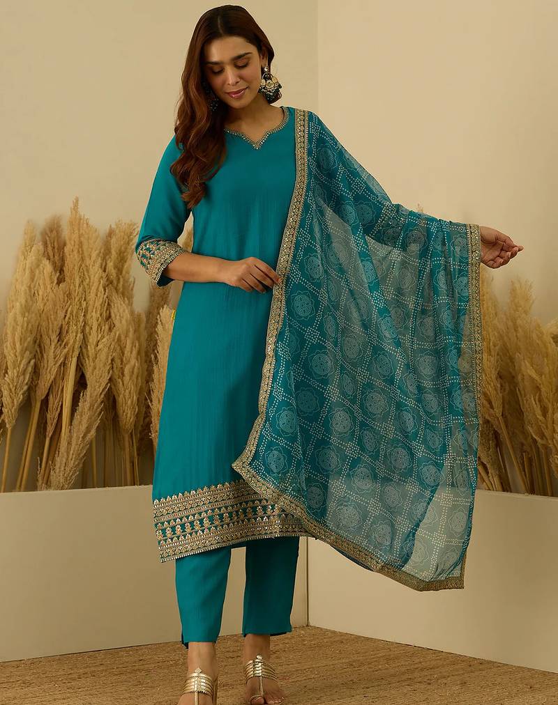 Floral embroidered silk blend round neck kurta trouser & dupatta set