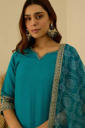 Floral embroidered silk blend round neck kurta trouser & dupatta set