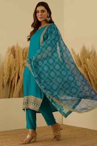 Floral embroidered silk blend round neck kurta trouser & dupatta set