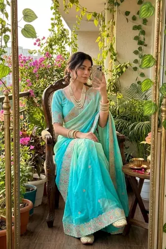Blue Color embroidery thread work Satin Saree