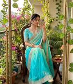 Blue Color embroidery thread work Satin Saree