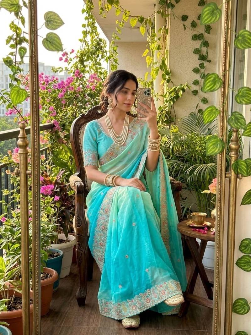 Blue Color embroidery thread work Satin Saree