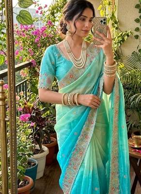 Blue Color embroidery thread work Satin Saree 2
