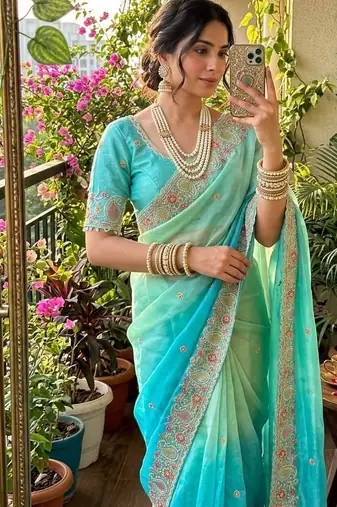 Blue Color embroidery thread work Satin Saree
