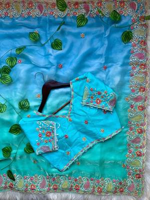 Blue Color embroidery thread work Satin Saree 3