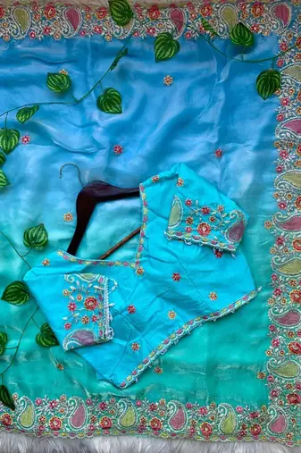 Blue Color embroidery thread work Satin Saree