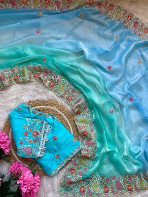 Blue Color embroidery thread work Satin Saree 4