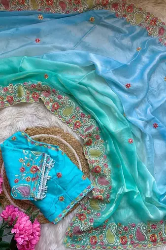 Blue Color embroidery thread work Satin Saree