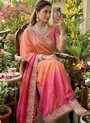 Light Orange Color embroidery thread work Satin Saree 1
