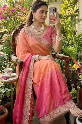 Light Orange Color embroidery thread work Satin Saree