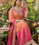 Light Orange Color embroidery thread work Satin Saree