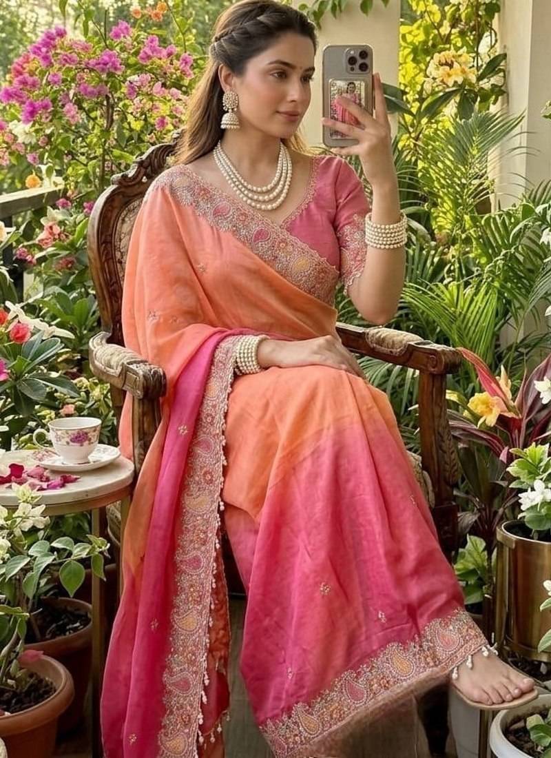 Light Orange Color embroidery thread work Satin Saree