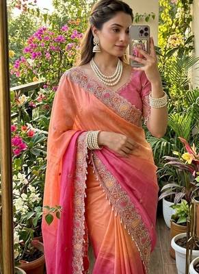 Light Orange Color embroidery thread work Satin Saree 2