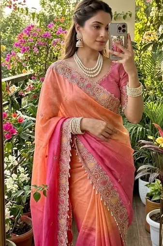 Light Orange Color embroidery thread work Satin Saree