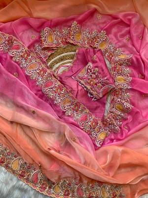 Light Orange Color embroidery thread work Satin Saree 3