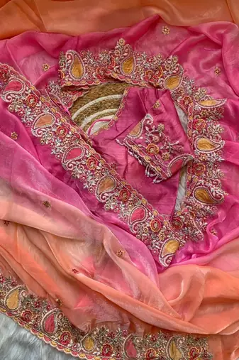 Light Orange Color embroidery thread work Satin Saree