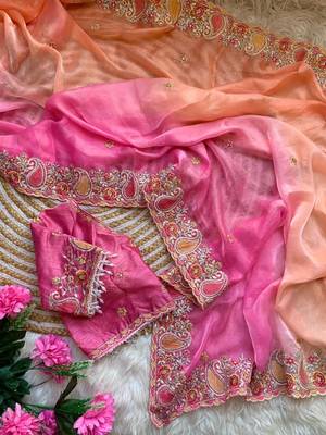 Light Orange Color embroidery thread work Satin Saree 4