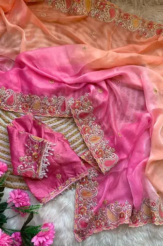 Light Orange Color embroidery thread work Satin Saree
