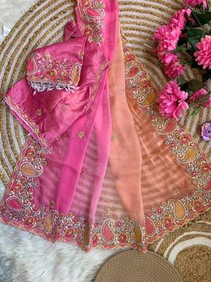 Light Orange Color embroidery thread work Satin Saree 5