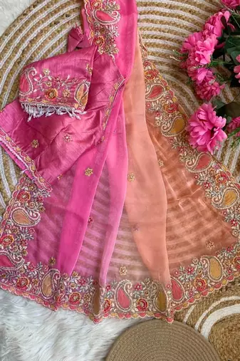 Light Orange Color embroidery thread work Satin Saree