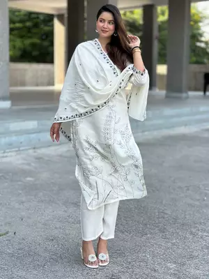 Floral embroidered silk blend round neck kurta trouser & dupatta set 1