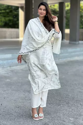 Floral embroidered silk blend round neck kurta trouser & dupatta set