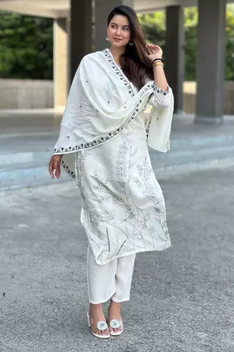 Floral embroidered silk blend round neck kurta trouser & dupatta set