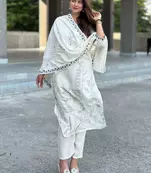 Floral embroidered silk blend round neck kurta trouser & dupatta set