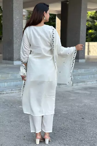 Floral embroidered silk blend round neck kurta trouser & dupatta set