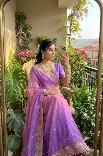 Purple Color embroidery thread work Satin Saree