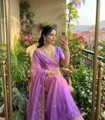 Purple Color embroidery thread work Satin Saree