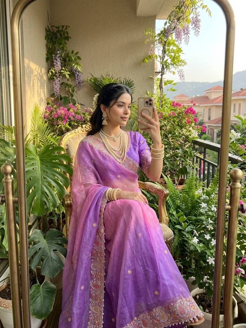 Purple Color embroidery thread work Satin Saree