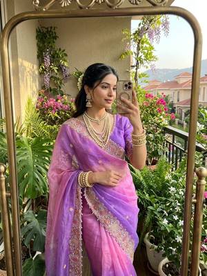 Purple Color embroidery thread work Satin Saree 2