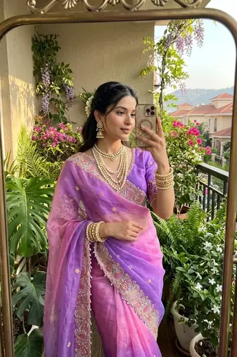 Purple Color embroidery thread work Satin Saree