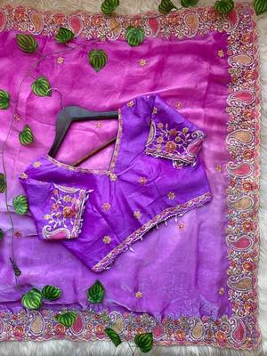 Purple Color embroidery thread work Satin Saree 3
