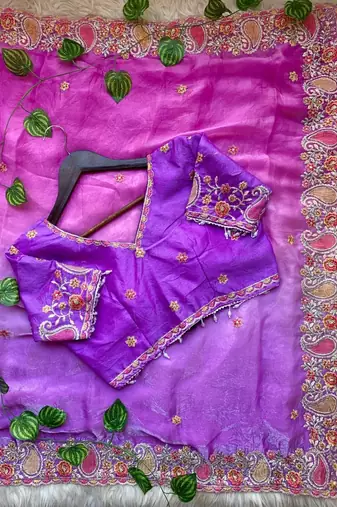 Purple Color embroidery thread work Satin Saree