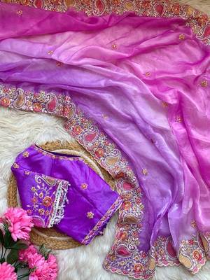 Purple Color embroidery thread work Satin Saree 4