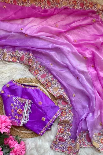 Purple Color embroidery thread work Satin Saree