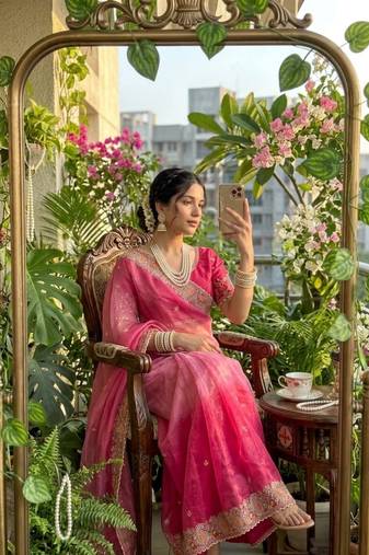 Rani Pink Color embroidery thread work Satin Saree
