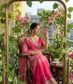 Rani Pink Color embroidery thread work Satin Saree