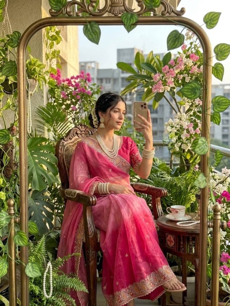 Rani Pink Color embroidery thread work Satin Saree