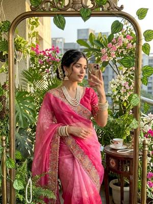 Rani Pink Color embroidery thread work Satin Saree 2