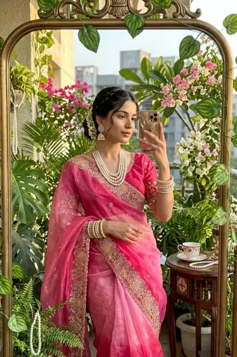 Rani Pink Color embroidery thread work Satin Saree