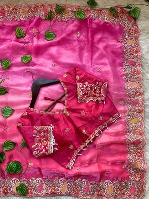 Rani Pink Color embroidery thread work Satin Saree 3