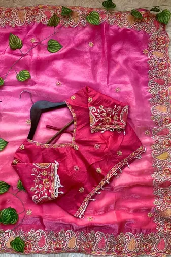 Rani Pink Color embroidery thread work Satin Saree